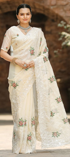 White and Off White color Saree in Chiffon fabric with Cut Dana, Embroidered, Thread work