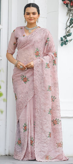 Pink and Majenta color Saree in Chiffon fabric with Cut Dana, Embroidered, Thread work