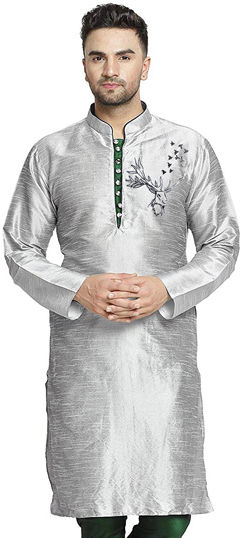 Black and Grey color Kurta in Dupion Silk fabric with Embroidered, Thread work