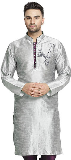 Black and Grey color Kurta in Dupion Silk fabric with Embroidered, Thread work