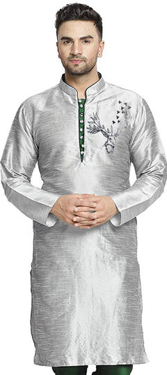 Black and Grey color Kurta in Dupion Silk fabric with Embroidered, Thread work