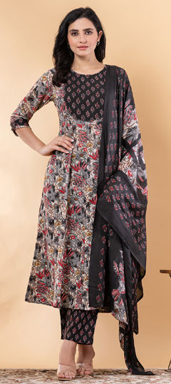 Black and Grey color Salwar Kameez in Cotton fabric with Floral, Patch, Printed, Thread work