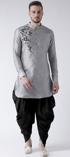Black and Grey color Dhoti Kurta in Dupion Silk fabric with Embroidered, Thread work