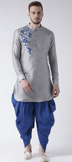 Black and Grey color Dhoti Kurta in Dupion Silk fabric with Embroidered, Thread work
