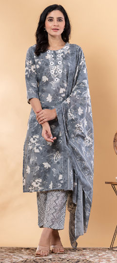 Black and Grey color Salwar Kameez in Cotton fabric with Embroidered, Floral, Printed, Resham, Thread work