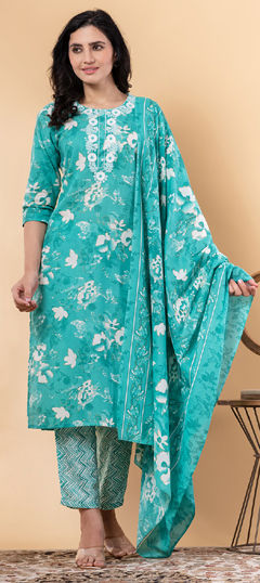 Green color Salwar Kameez in Cotton fabric with Embroidered, Floral, Printed, Resham, Thread work
