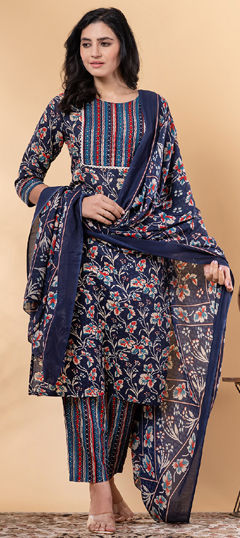 Blue color Salwar Kameez in Cotton fabric with Floral, Lace, Printed, Thread work