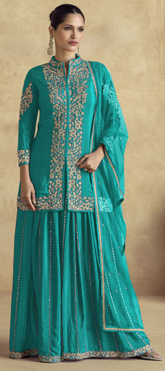 Blue color Salwar Kameez in Silk fabric with Embroidered, Stone, Thread, Zari work