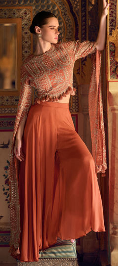 Orange color Salwar Kameez in Silk fabric with Embroidered, Sequence, Stone, Thread work