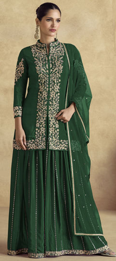 Green color Salwar Kameez in Silk fabric with Embroidered, Stone, Thread, Zari work