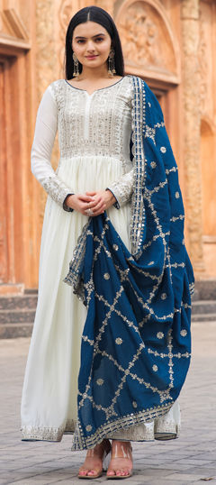 White and Off White color Salwar Kameez in Silk fabric with Embroidered, Sequence, Thread work