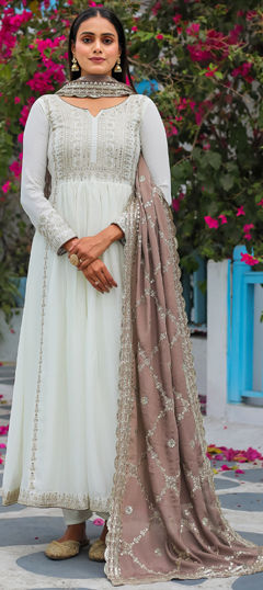 White and Off White color Salwar Kameez in Silk fabric with Embroidered, Sequence, Thread work