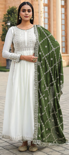 White and Off White color Salwar Kameez in Silk fabric with Embroidered, Sequence, Thread work