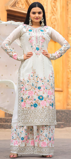 White and Off White color Salwar Kameez in Silk fabric with Embroidered, Sequence, Stone, Thread work