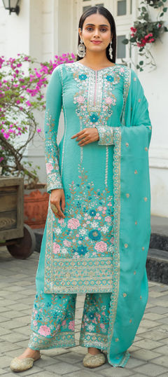 Blue color Salwar Kameez in Silk fabric with Embroidered, Sequence, Stone, Thread work