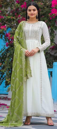 White and Off White color Salwar Kameez in Silk fabric with Embroidered, Sequence, Thread work