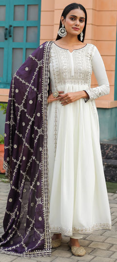 White and Off White color Salwar Kameez in Silk fabric with Embroidered, Sequence, Thread work