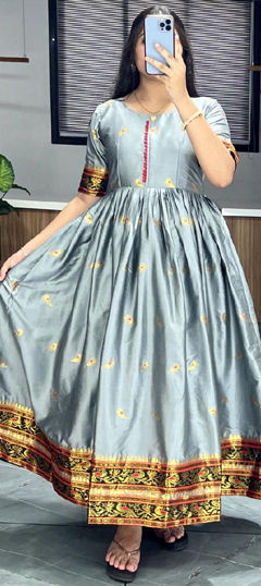 Black and Grey color Gown in Silk cotton fabric with Weaving, Zari work