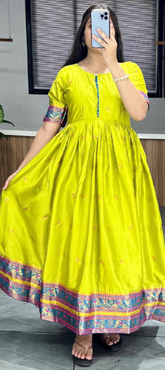 Green color Gown in Silk cotton fabric with Weaving, Zari work