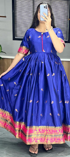 Blue color Gown in Silk cotton fabric with Weaving, Zari work