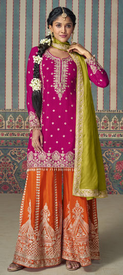Pink and Majenta color Salwar Kameez in Silk fabric with Embroidered, Mirror, Thread work