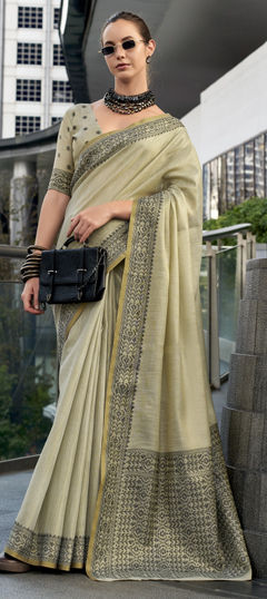 Beige and Brown color Saree in Linen fabric with Weaving work