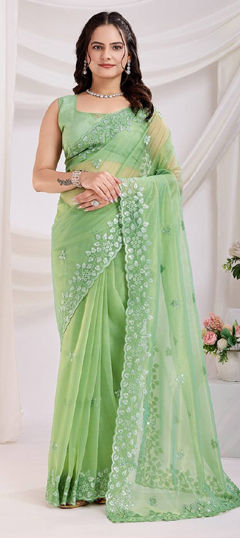 Green color Saree in Net fabric with Sequence, Thread work