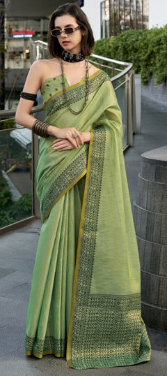 Green color Saree in Linen fabric with Weaving work