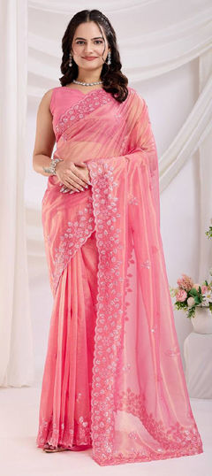 Pink and Majenta color Saree in Net fabric with Sequence, Thread work