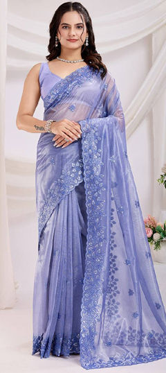 Blue color Saree in Net fabric with Sequence, Thread work