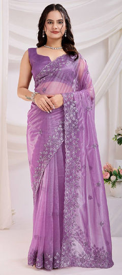 Purple and Violet color Saree in Net fabric with Sequence, Thread work