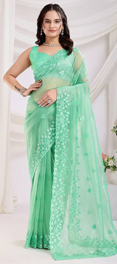 Green color Saree in Net fabric with Sequence, Thread work