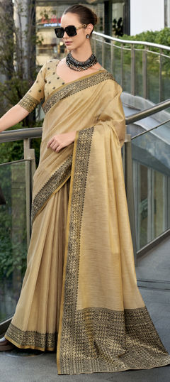 Beige and Brown color Saree in Linen fabric with Weaving work