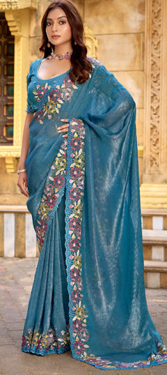 Blue color Saree in Chiffon fabric with Embroidered, Mukesh, Thread work