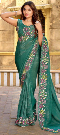 Green color Saree in Chiffon fabric with Embroidered, Mukesh, Thread work