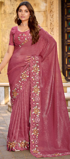 Red and Maroon color Saree in Chiffon fabric with Embroidered, Mukesh, Thread work