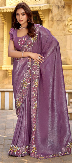 Purple and Violet color Saree in Chiffon fabric with Embroidered, Mukesh work