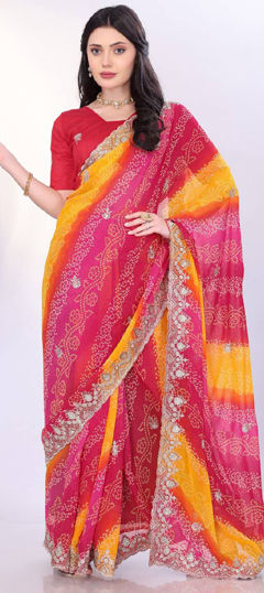 Multicolor color Saree in Georgette fabric with Bandhej, Printed, Sequence, Thread, Zari work