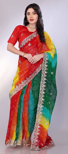 Multicolor color Saree in Georgette fabric with Bandhej, Printed, Sequence, Thread, Zari work