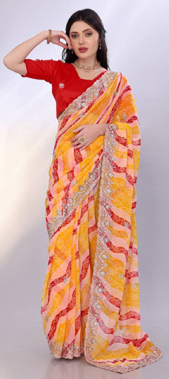 Multicolor color Saree in Georgette fabric with Bandhej, Printed, Sequence, Thread, Zari work