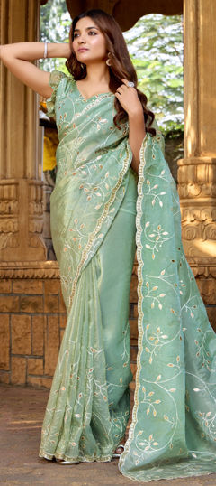 Green color Saree in Silk fabric with Embroidered, Sequence, Thread work