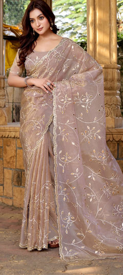 Beige and Brown color Saree in Silk fabric with Embroidered, Sequence, Thread work