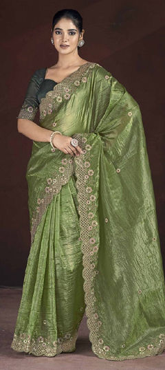 Green color Saree in Crushed Silk fabric with Embroidered, Sequence, Thread, Zari work