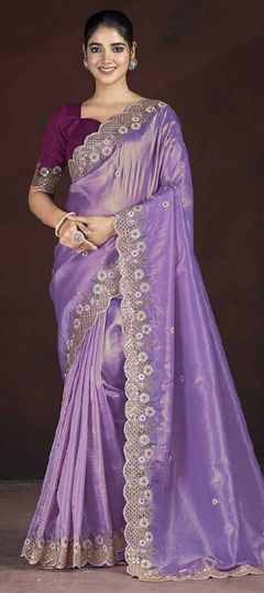 Purple and Violet color Saree in Crushed Silk fabric with Embroidered, Sequence, Thread, Zari work