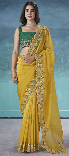 Yellow color Saree in Crushed Silk fabric with Embroidered, Sequence, Thread, Zari work