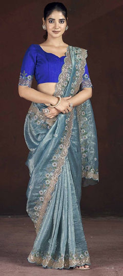 Blue color Saree in Crushed Silk fabric with Embroidered, Sequence, Thread, Zari work