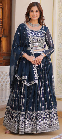 Blue color Ready to Wear Lehenga in Faux Georgette fabric with Embroidered, Sequence, Thread work