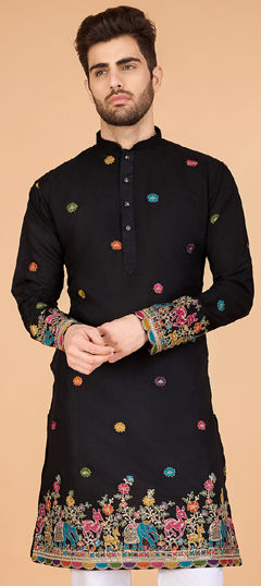 Black and Grey color Kurta in Viscose fabric with Embroidered, Thread work
