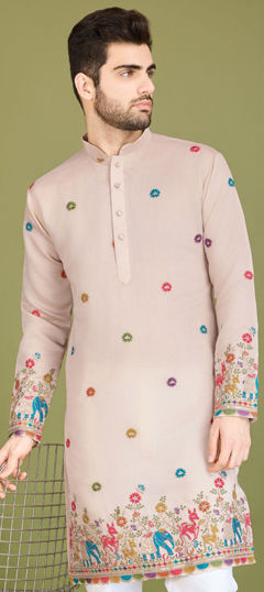 Beige and Brown color Kurta in Viscose fabric with Embroidered, Thread work