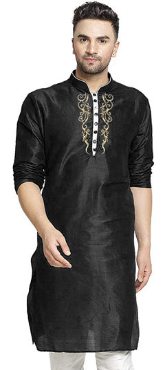 Black and Grey color Kurta in Dupion Silk fabric with Embroidered, Thread work